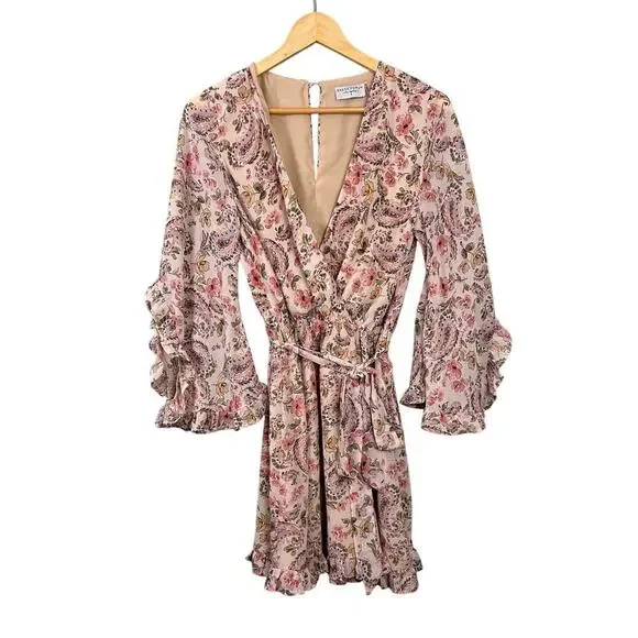 Dress Forum Floral Paisley Chiffon Ruffle Angel Sleeve Mini Dress V-Neck Small - Picture 2 of 7